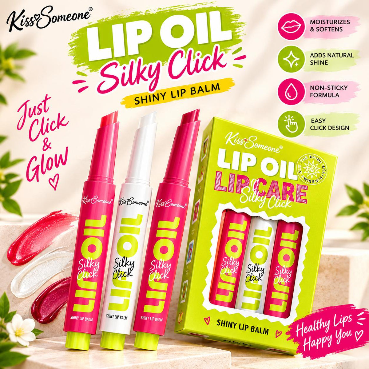 3 Pcs Silky Click Lip Oil Set – Glossy & Hydrated Lips