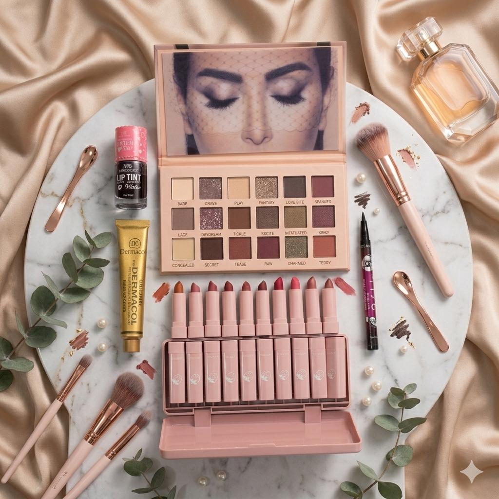 Complete makeup deal (10 Pcs HF Lipstick Set, Nude Eye Kit, Dermacol Foundation, Lip & Cheek Tint, and Lip Pencil)