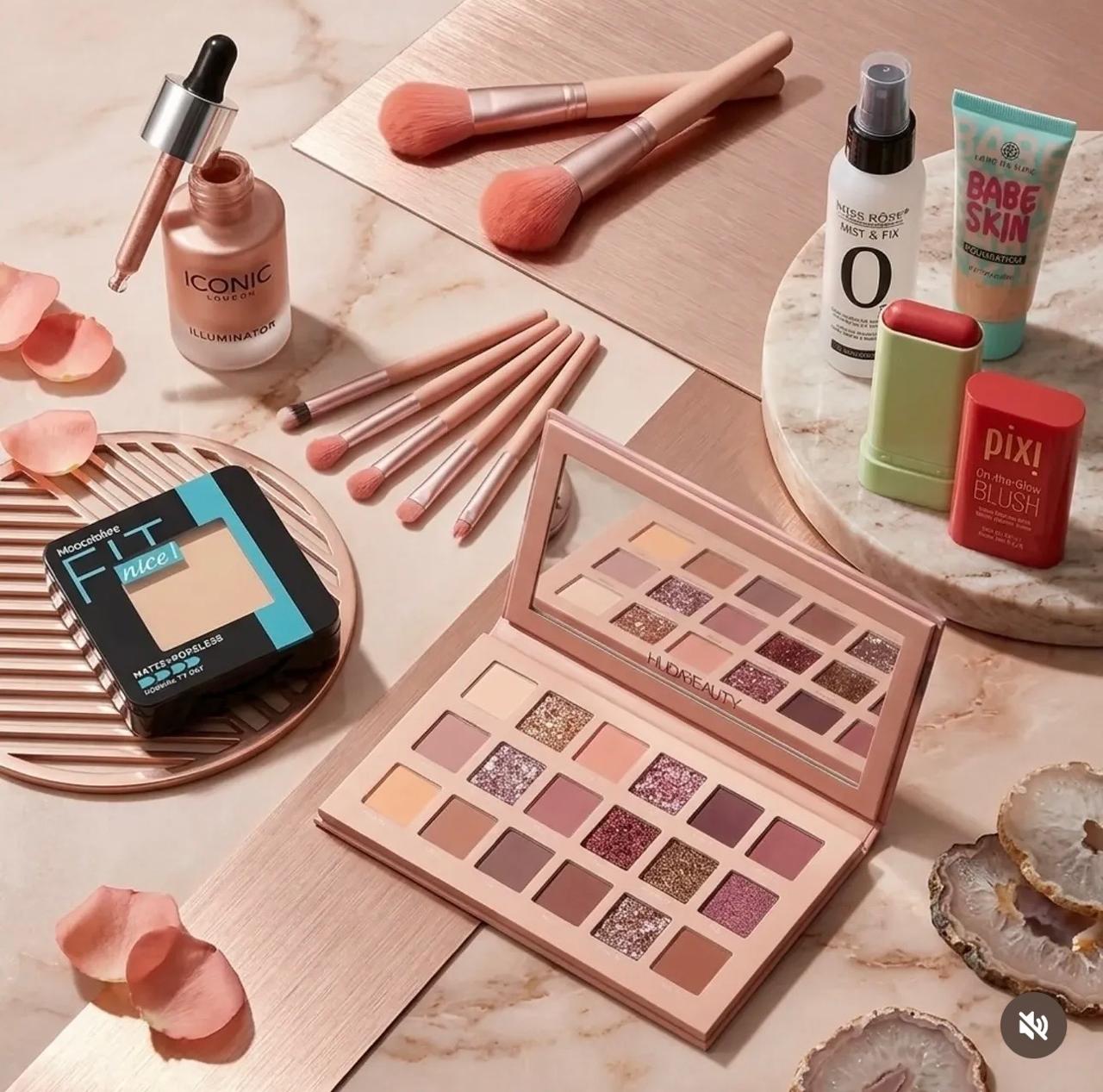 Complete Glam Deal (Nude Kit, Face Powder, 7 Pcs Brush Set, Iconic Highlighter, Fixer Spray, Pixi Blush On, and Tube Foundation)