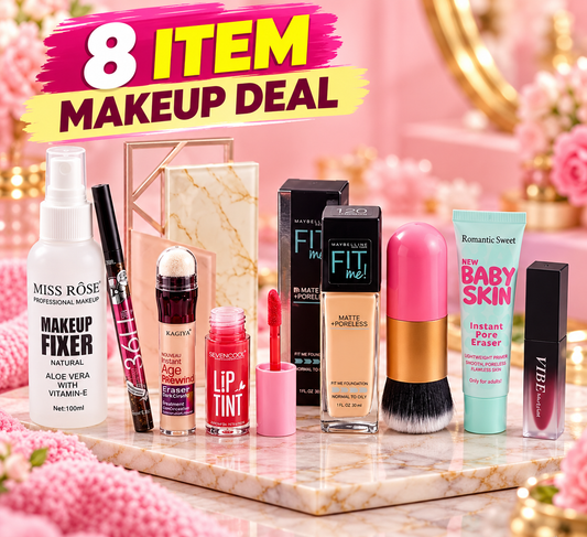 8 Items Complete Face Deal ( Fixer + EyeLiner + AgeRewinder + Tint + Fit ME Foundation + Kaboki Brush + Pore primer + Gloss)