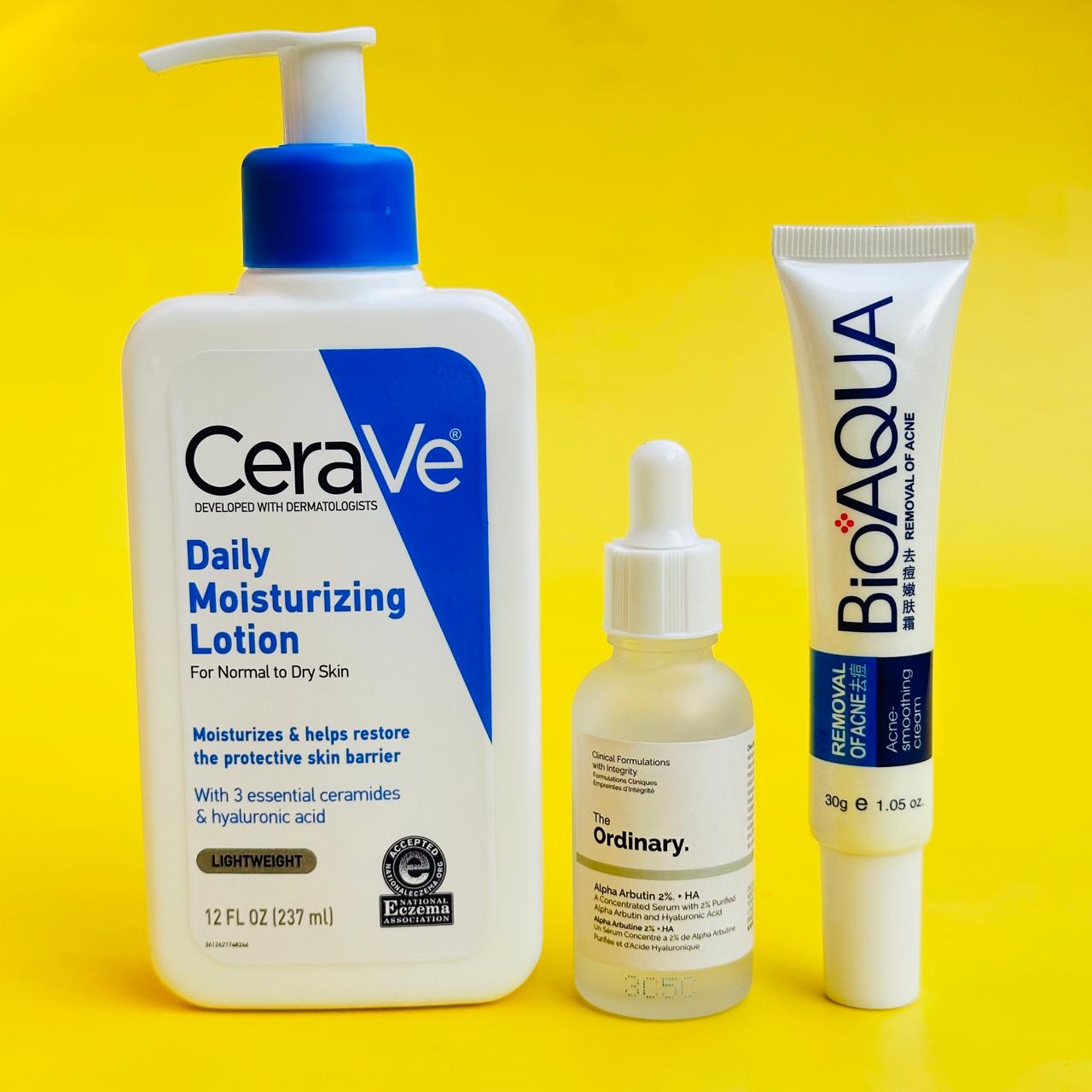 3-in-1 Skincare Deal - CeraVe Lotion, The Ordinary Serum, and Bio Aqua Acne Tube