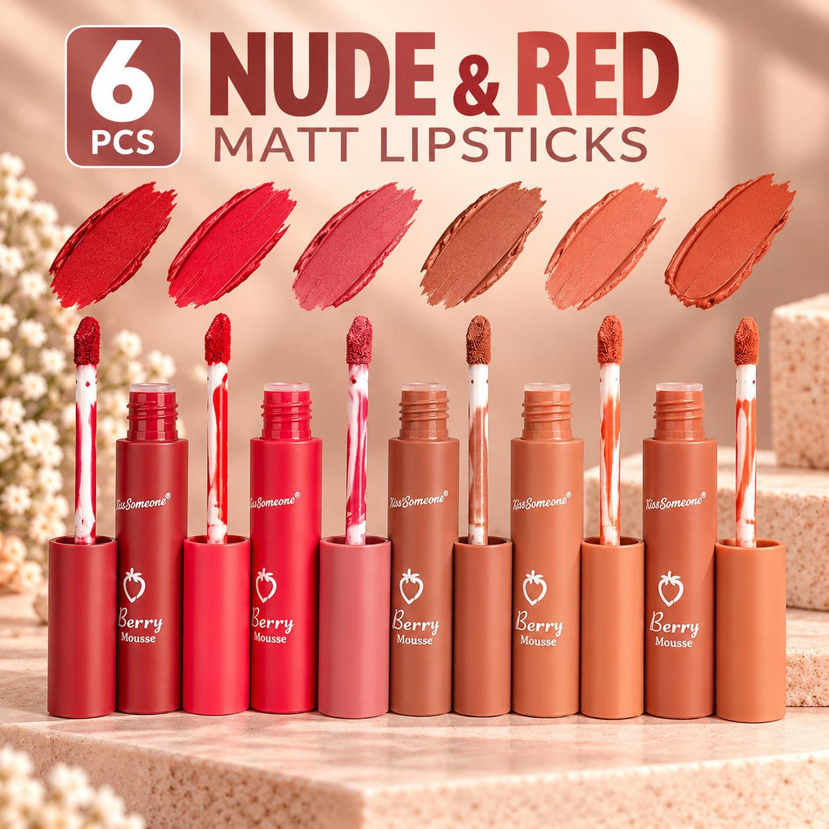 6 Pcs Nude & Red Matte Lipsticks – Elegant Shades for Every Occasion
